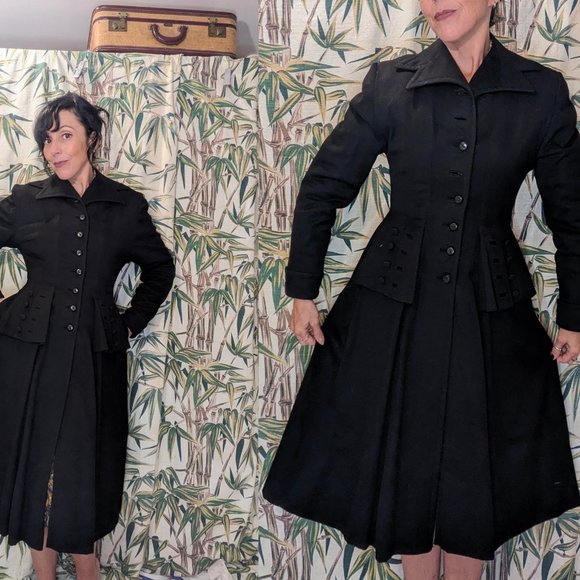 40s GOTH Black Wool Princess Coat sz XS Jaunty Juniors Mint Cond Warm & Elegant! - Picture 3 of 8